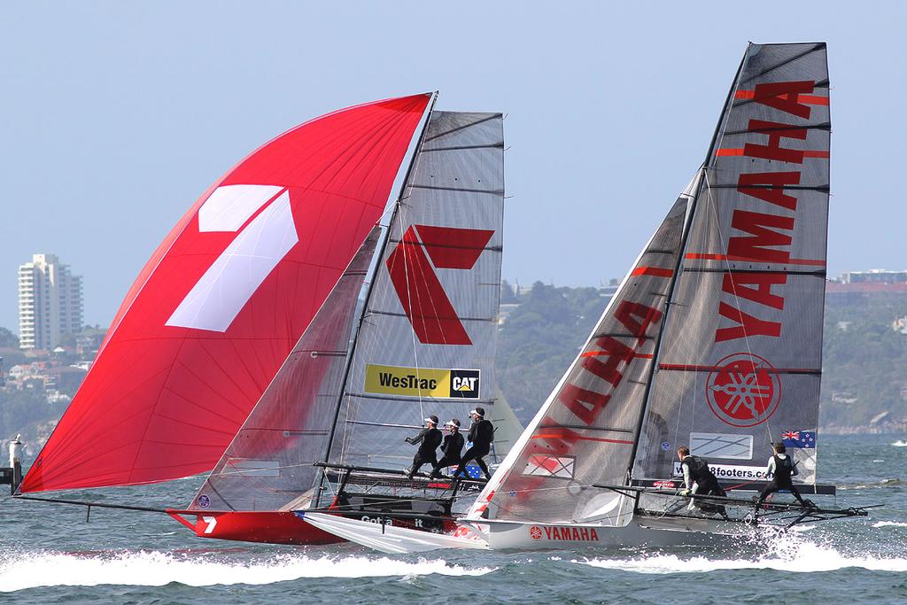 Gotta Love It 7 just leads Yamaha as the NZ crew go for the spinnaker - Race 3 - JJ Giltinan Trophy 2016 © Frank Quealey /Australian 18 Footers League http://www.18footers.com.au
